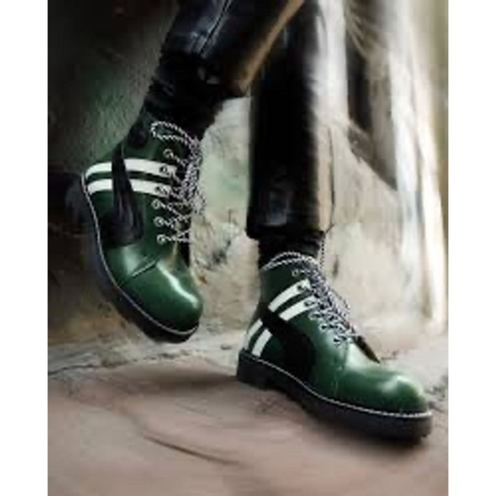 John Fluevog Whitty Retro Lace-Up Boots Green Black White Angelic Sole W7.5 M5.5